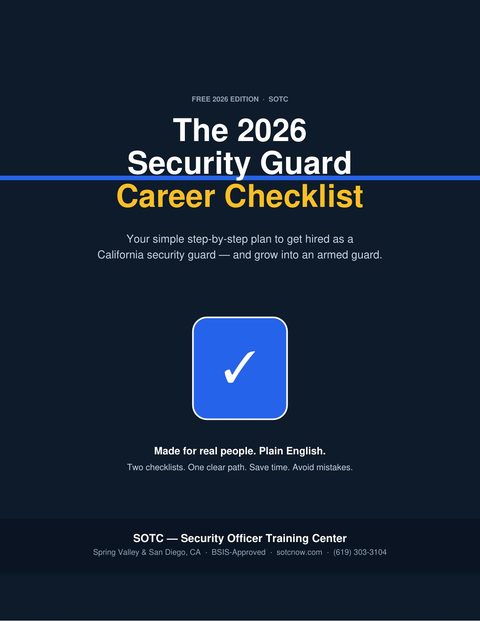 Cover of the free 2026 SOTC Security Guard Career Checklist book. Step-by-step guide to the California guard card and armed security guard training