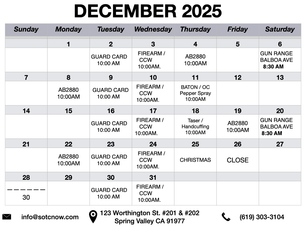 San Diego security training calendar for decemeber