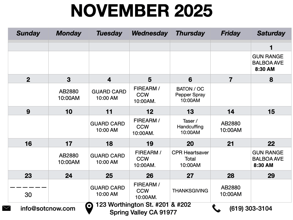 San Diego security training calendar for November