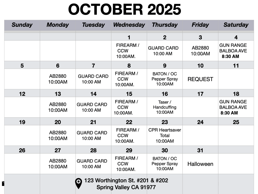 San Diego security training calendar for October